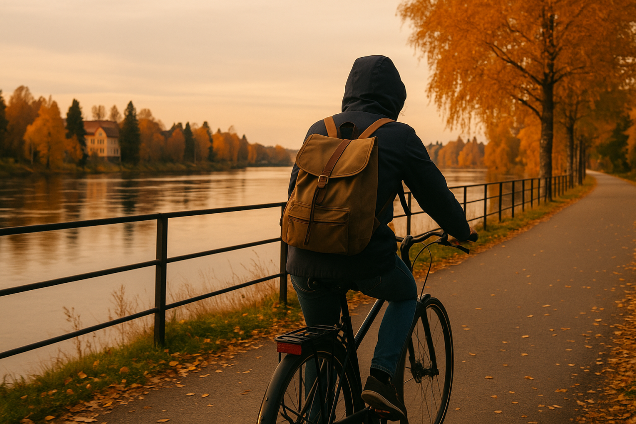AI-genererad illustration av en person med ryggsäck som cyklar längs en gång- och cykelväg vid ett vattendrag i höstmiljö.